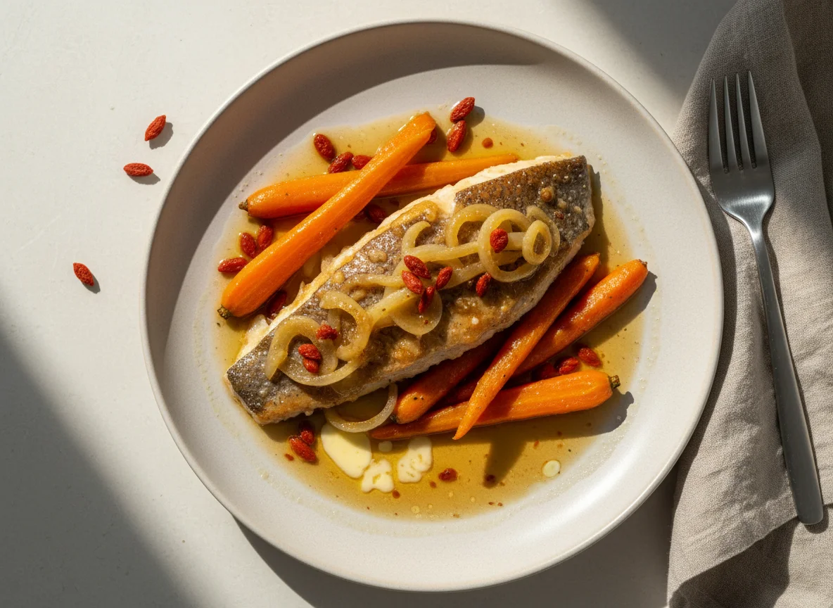 Зубатка в глазури из яблок и лука с морковью и ягодами годжи photo